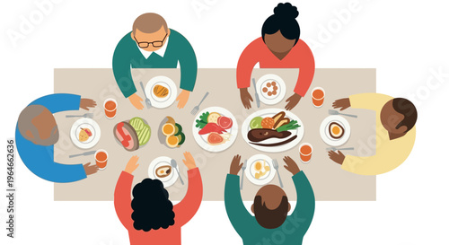 Happy Diverse Family and Friends Sharing a Meal at a Dining Table, Top-Down Graphic Illustration