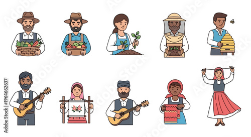 Folk & Rural Occupations Icons: Farmers, Beekeepers, Artisans, Musicians, Dancers. Traditional Lifestyles Flat Vector Set.