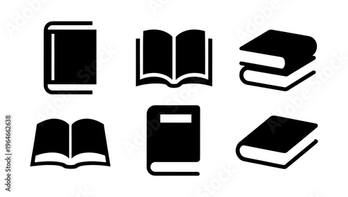 Minimalist book icon set with 6 vector elements, black flat book symbols for education and library, simple textbook and literature icons