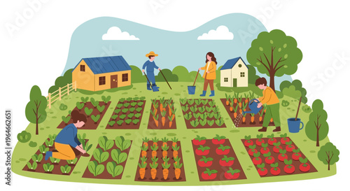 Family & Community Gardening: People Cultivating Fresh Organic Vegetables - Carrots, Tomatoes, Greens in a Lush Home Garden Illustration