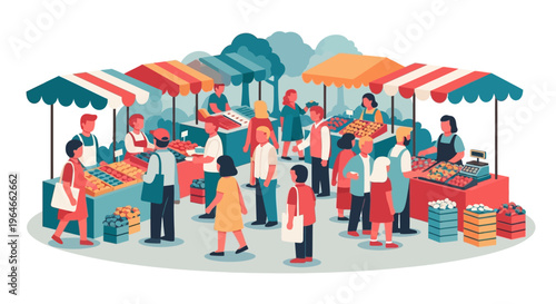 Vibrant Farmers Market Scene with Shoppers and Vendors Selling Fresh Produce at Stalls - Flat Vector Illustration