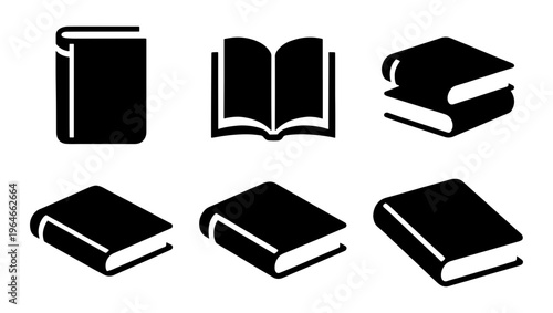 Minimalist book icon set, black solid vector book symbols for education and library, collection of 6 academic literature and reading icons