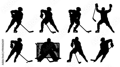 Ice hockey player silhouettes set, 8 professional athlete vector elements, hockey goalie and skaters in action poses, sports competition graphics
