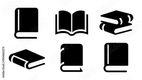 Minimalist book icon set, black solid vector symbols for education and reading, collection of 6 book silhouettes for library and school design