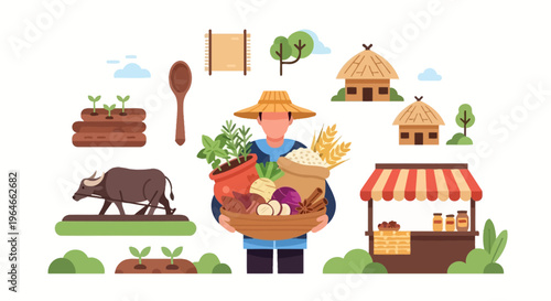 Traditional Agriculture & Local Market Scene: Farmer with Harvest, Plowing Buffalo, and Rural Community Elements