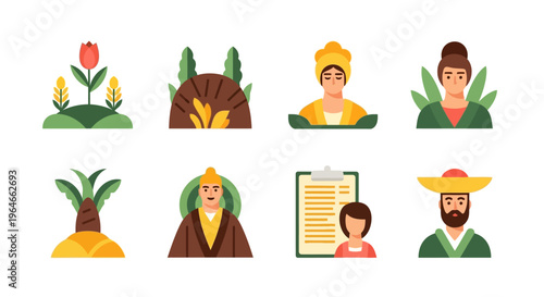 Flat Icons: Global Agriculture, Food Production, Baking & Culinary Arts. Diverse Farmers, Bakers, Chefs & Food Professionals. Modern Vector Set.