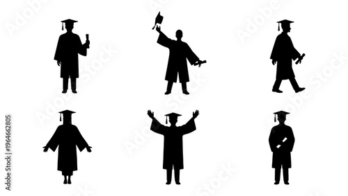 Graduation silhouette vector set of 6 students, university graduates in academic gowns and mortarboards, celebrating students with diplomas