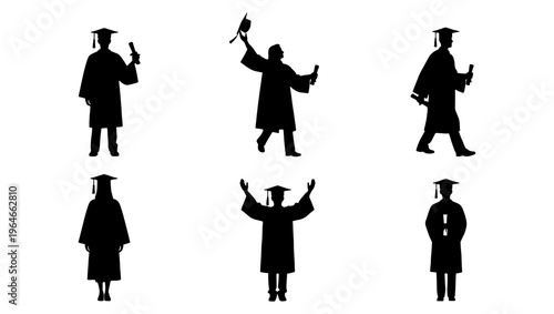Graduation student silhouettes wearing academic caps and gowns, set of 6 university graduate vector icons, students holding diplomas and celebrating