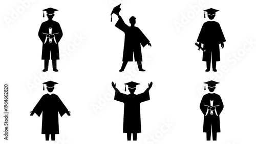 Graduation silhouette icons set, students in academic gowns and mortarboards, 6 vector elements of graduates holding diplomas and celebrating