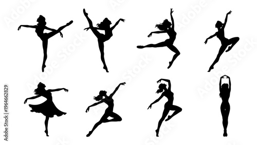 Graceful ballet dancer silhouettes, set of 8 female ballerina vector elements, elegant dancing woman poses for theater and performance art