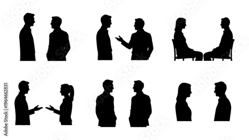 Professional business silhouettes of people talking, set of 6 pairs of colleagues in conversation, black vector figures of men and women communicating