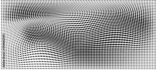 Hexagon halftone gradient texture. Abstract black and white spotted grunge background. Geometric retro tech wallpaper. Fading wavy hexagonal pattern backdrop. Vector vanishing honeycomb grunge