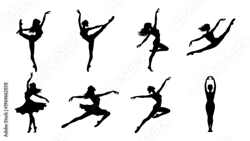 Graceful ballet dancer silhouettes set, 8 elegant ballerina vector elements, black female dance figures in motion, artistic gymnastic poses
