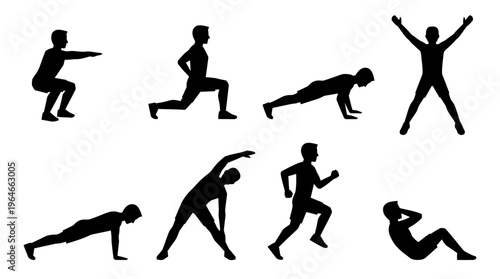 "Silhouettes of people performing fitness exercises"