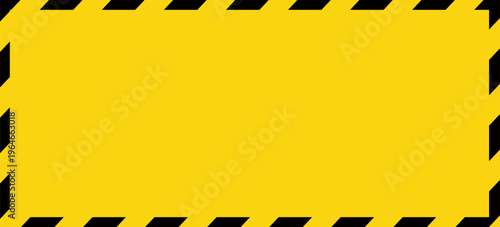 Warning sign with yellow and black diagonal lines. Attention, danger or caution symbol. Construction site signage, road safety notice, hazard banner, security alert shield. Vector illustration