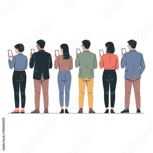 A group of people standing in line with their mobile phones