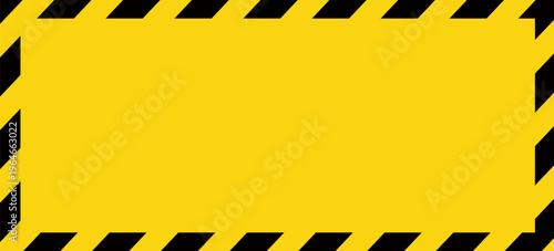 Warning sign with yellow and black diagonal lines. Attention, danger or caution symbol. Construction site signage, road safety notice, hazard banner, security alert shield. Vector illustration