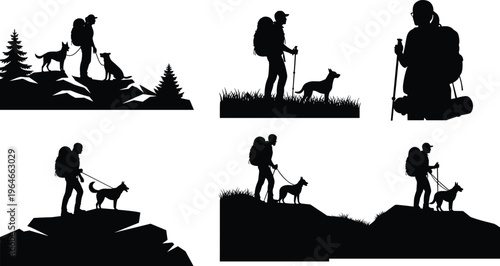 Hiking silhouette collection, backpackers with dogs in mountain landscape, outdoor adventure people set, black vector illustration isolated on white background