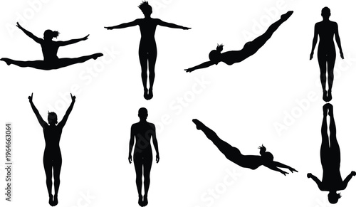 Gymnast silhouettes set, female athlete jumping and stretching poses, acrobatic movement collection, fitness and flexibility concept, isolated on white background