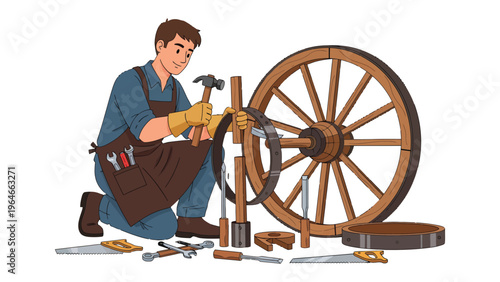 Crafting a Wheel: A skilled artisan, amidst his tools and materials, meticulously constructs a wooden wheel, embodying traditional craftsmanship and attention to detail. 