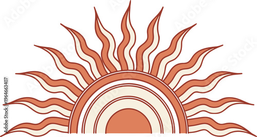Bohemian sun symbol with wavy rays and concentric circles abstract orange