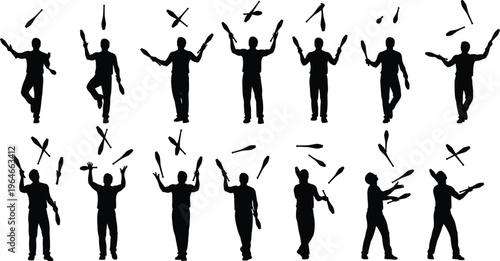 Juggling silhouette collection, circus performer tossing clubs set, entertainment show poses, black vector illustration isolated on white background