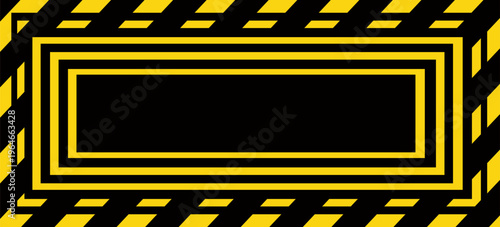 Warning sign with yellow and black diagonal lines. Attention, danger or caution symbol. Construction site signage, road safety notice, hazard banner, security alert shield. Vector illustration