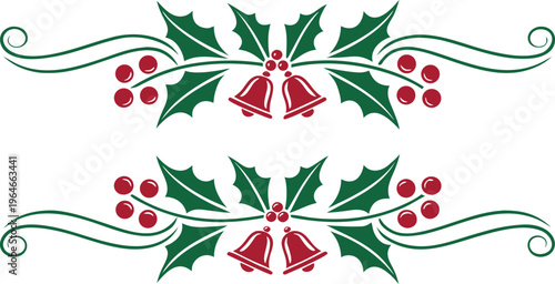 Christmas divider lines with holly leaves red bells and berries