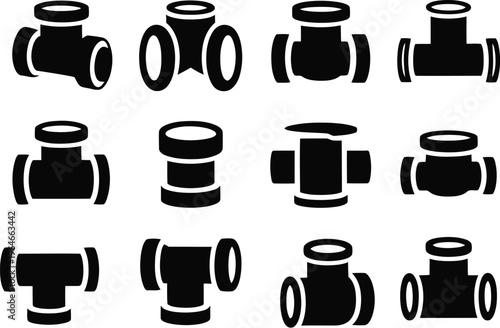 A set of black pipe fitting icons on a light gray background