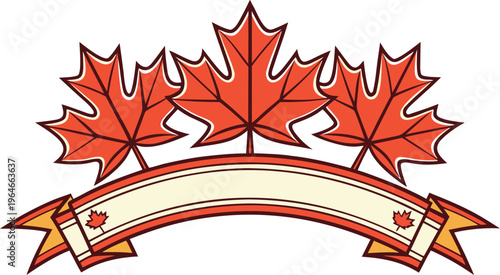 Canadian celebration badge with dynamic maple leaves and banner red leaves