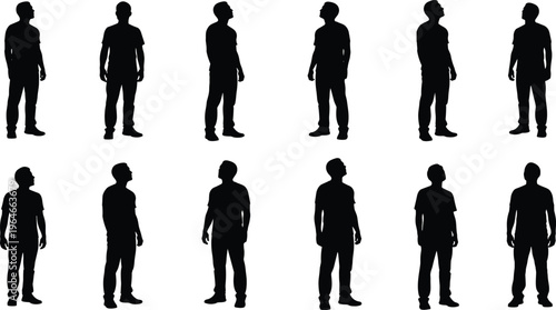 Looking up men silhouettes collection, male figures standing in upward gaze poses, curiosity and thinking concept isolated on white background illustration