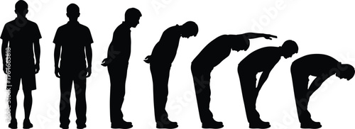 Man bending silhouettes sequence, body movement stages, male posture changes, stretching and fatigue concept, motion progression, isolated on white background