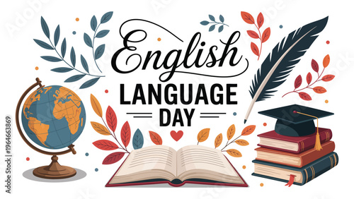 English Language Day illustration with open book globe graduation cap education learning communication concept april 23 celebration modern flat vector design