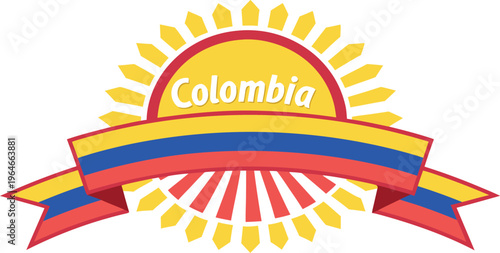 Colombian national holiday label with ribbon banner and sunburst