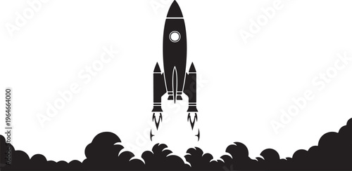 Rocket launch, space exploration, black silhouette, vector icon, astronomy
