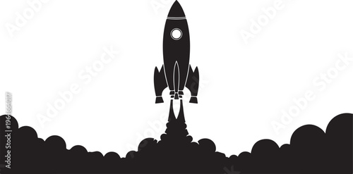 Rocket launch, space exploration, black silhouette, vector icon, astronomy