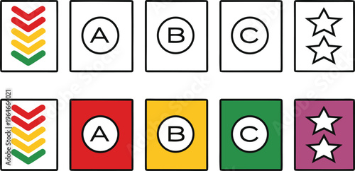 Colorful indicators with letters and star ratings progress
