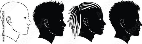 Men head profile silhouettes collection, male hairstyles from bald to afro and dreadlocks, modern hair style illustration isolated on white background