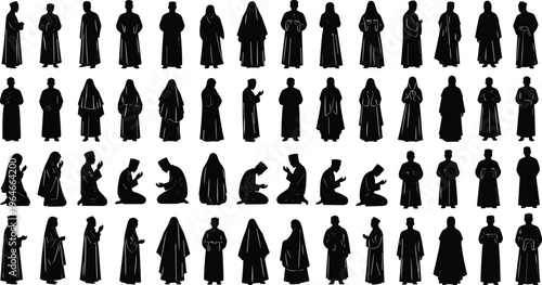 Muslim people silhouette collection, Islamic prayer poses set, men and women in traditional clothing, black vector illustration, diverse worship positions isolated on white background