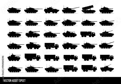 Large Collection of 36 Military Vehicle Silhouettes including Tanks, Armored Personnel Carriers, and Army Trucks
