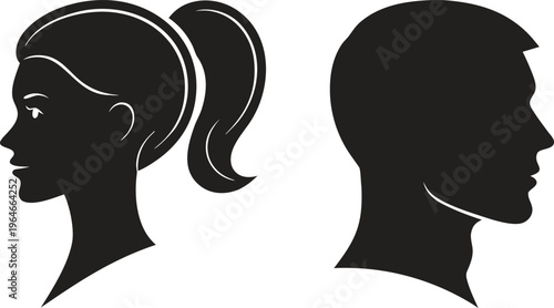 Black silhouette profiles of woman with ponytail and man head face