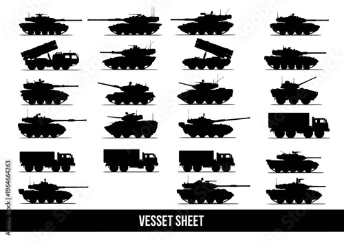 Military Vehicles Silhouette Collection - Tanks, Armored Trucks, and Rocket Launchers Asset Sheet