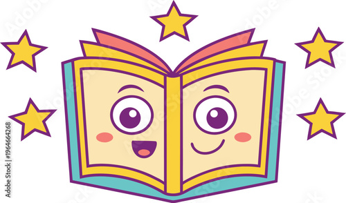 Cartoon open book with smiling face and yellow stars purple outline