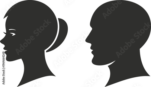 Black silhouette profiles of woman and man head face