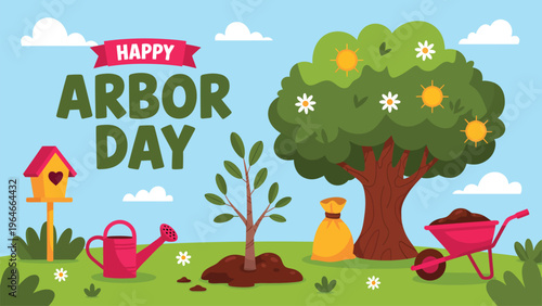 Happy Arbor Day illustration with tree planting gardening tools nature conservation environment eco friendly concept green outdoor modern flat vector design