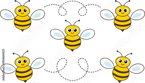 Cartoon bees flying with dashed flight paths insects dashed lines