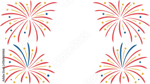 Colorful firework burst frame with red yellow blue streaks and dots on white fireworks
