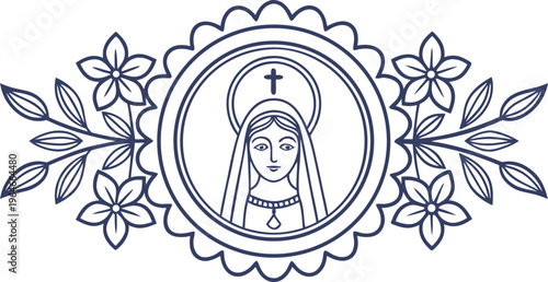 Catholic virgin mary with floral border and sacred cross