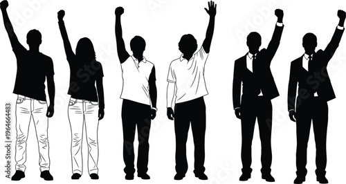 People raising hands silhouette collection, protest and victory gesture poses, men and women figures, black vector illustration isolated on white background
