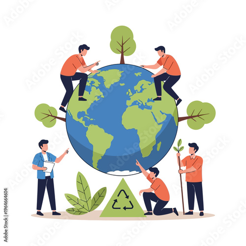 Flat vector illustration of five men performing environmental tasks around a large Earth globe, including planting trees, holding a sapling, and recycling on white background.